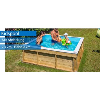 &quot;Kids Pool&quot; aus Massivholz 2 x 2 m, 0,7 m tief, mit Sicherheitsabdeckung und Kompaktfilter
