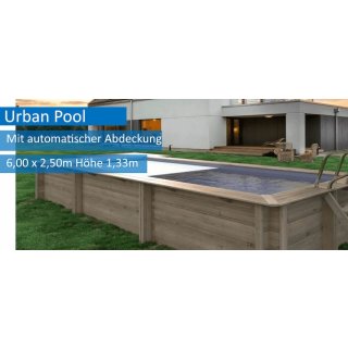 Urban Pool &quot;L&quot; 6,00 x 2,50 m + Sandfilter, Technikraum + automatische Abdeckung
