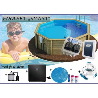 Holzpool Set SMART, Ø 4,14 m, Höhe 120 cm, mit Smart-Pool, Roboter, Sommerabdeckung + Wärmepumpe