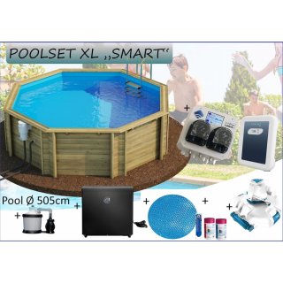 Holzpool Set SMART, Ø 5,05 m, Höhe 120 cm, mit SmartPool, Roboter, Wärmepumpe + Sommerabdeckung